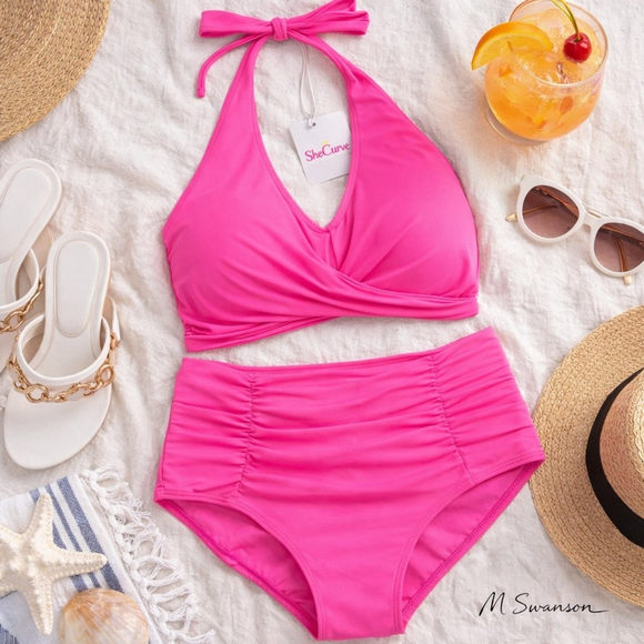 NEW SheCurve Swimwear Vibrant Pink High Waisted Halter Bikini Set XL NWT